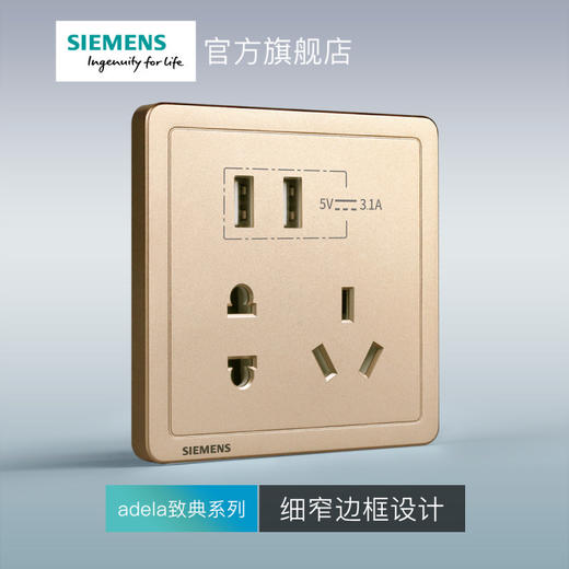 西门子开关插座面板致典日曜金10A五孔插座+双口3.1A USB 商品图2