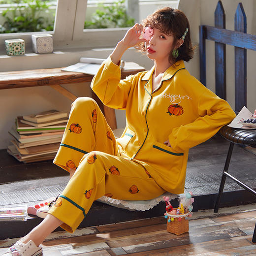 睡衣内衣女秋 开衫长袖上衣家居服 韩版卡通可爱居家服春秋套装冬 商品图0