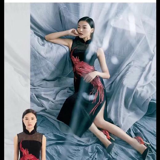 蔓楼兰/LOMELL 黑色长款彤羽旗袍 商品图1