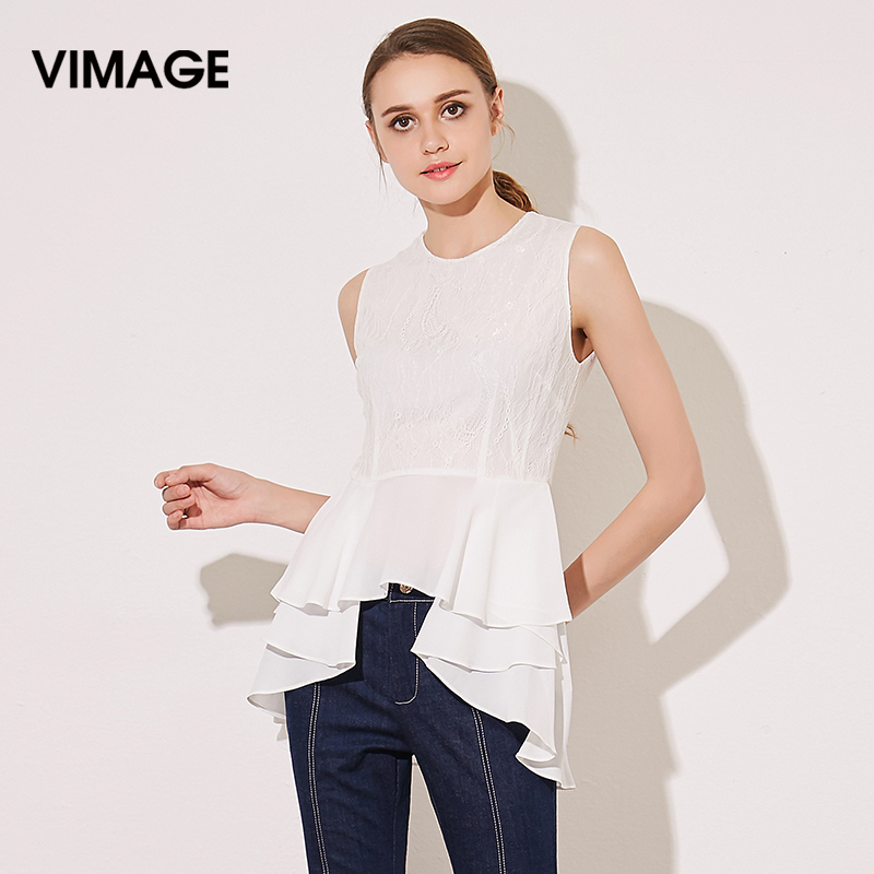 VIMAGE纬漫纪夏季新款女装无袖圆领雪纺不规则下摆上衣T恤女V513032