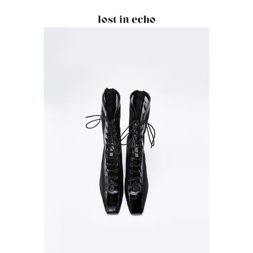 lost in echo漆皮网纱绑带短靴女 黑色时尚透明高跟鞋短靴 商品图3