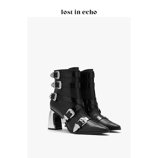 lost in echo西部金属饰扣高跟短靴女 2019秋季新款黑色尖头女鞋 商品图1