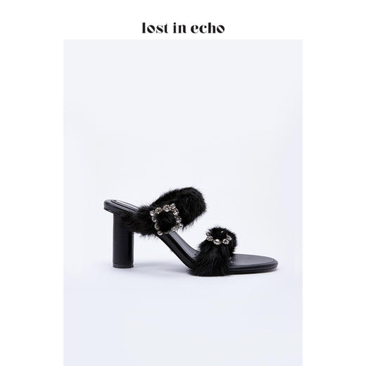 lost in echo不对称钻饰水貂毛高跟女鞋 2020黑色时尚粗跟凉鞋女 商品图2