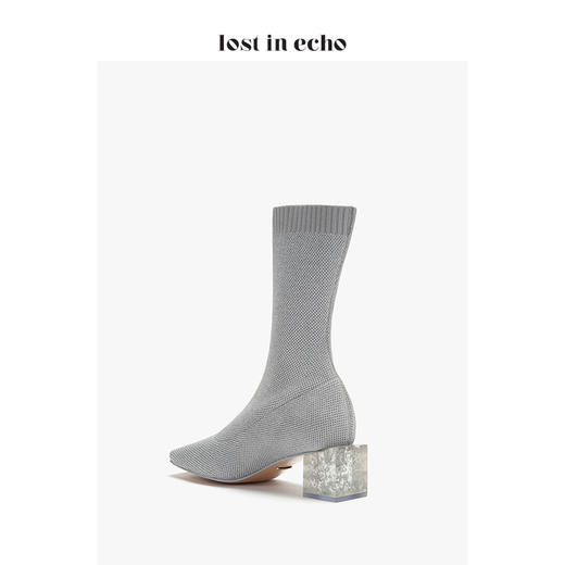 新年闪购lost in echo2019秋款上新银色方头短袜靴 高弹飞织银箔水晶方跟女靴女鞋 商品图4