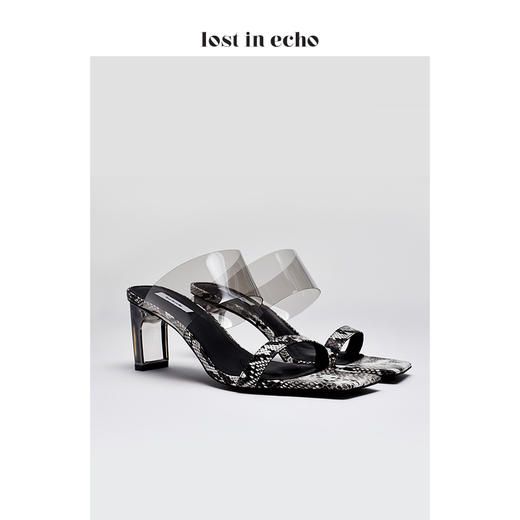 lost in echo 2020夏季黑色牛皮TPU时尚简约透明跟一字带凉鞋 商品图1