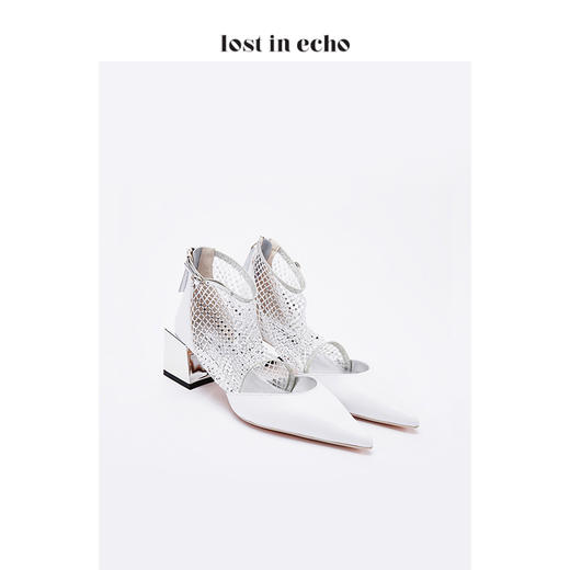lost in echo白色牛皮时尚方跟女鞋 简约弹力烫钻网中跟单鞋 商品图1
