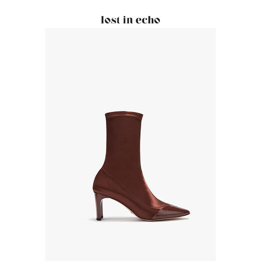 lost in echo2019秋季新款拼漆皮弹力布莱卡短靴 南瓜色尖头高跟女靴 商品图2