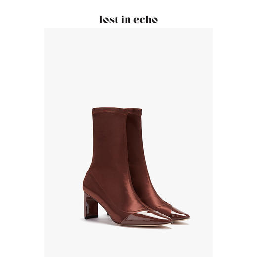 lost in echo2019秋季新款拼漆皮弹力布莱卡短靴 南瓜色尖头高跟女靴 商品图1