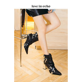 lost in echo西部金属饰扣高跟短靴女 2019秋季新款黑色尖头女鞋