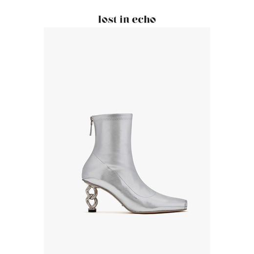 新年闪购lost in echo2020秋季方头链条跟短靴 新款银色猪鼻铁头短筒高跟女鞋 商品图2