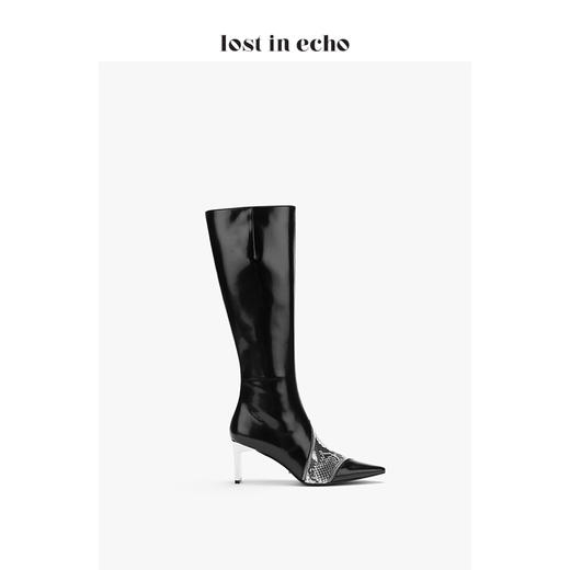 lost in echo2020秋季上新拼蛇纹皮尖头膝下女靴 黑色高跟套筒长靴 商品图2