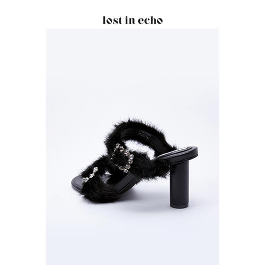 lost in echo不对称钻饰水貂毛高跟女鞋 2020黑色时尚粗跟凉鞋女 商品图4
