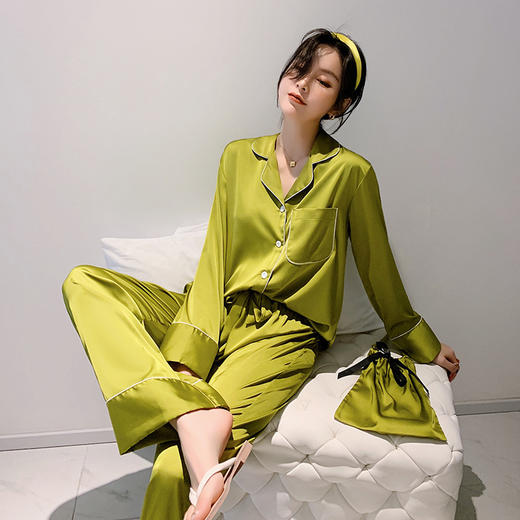 韩国大牌春夏季女士睡衣套装oversize长袖家居服仿真丝绸布袋睡衣 商品图3