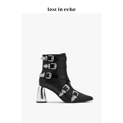 lost in echo西部金属饰扣高跟短靴女 2019秋季新款黑色尖头女鞋 商品图2