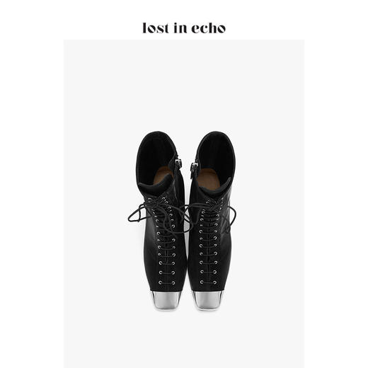 新年闪购lost in echo2020秋季黑色绑带金属方头短靴女靴 铁头方头弹力布高跟女鞋 商品图3