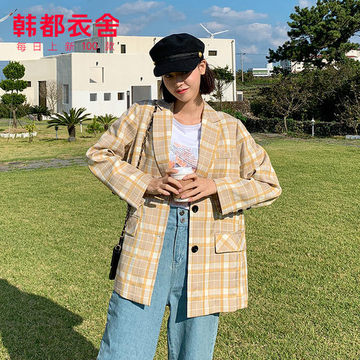 韩都衣舍2019冬装新款韩版女装宽松上衣气质格子复古西装RU2039筱 商品图0