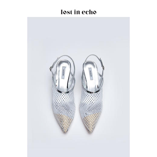 lost in echo弹力烫钻网纱穆勒鞋 白色尖头后带细跟低跟女鞋 商品图3