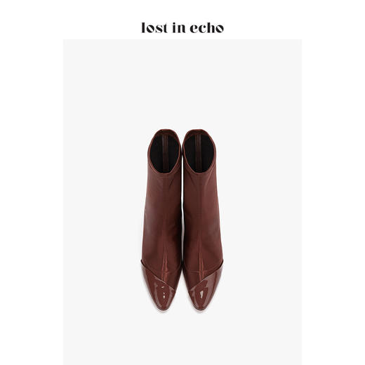 lost in echo2019秋季新款拼漆皮弹力布莱卡短靴 南瓜色尖头高跟女靴 商品图3