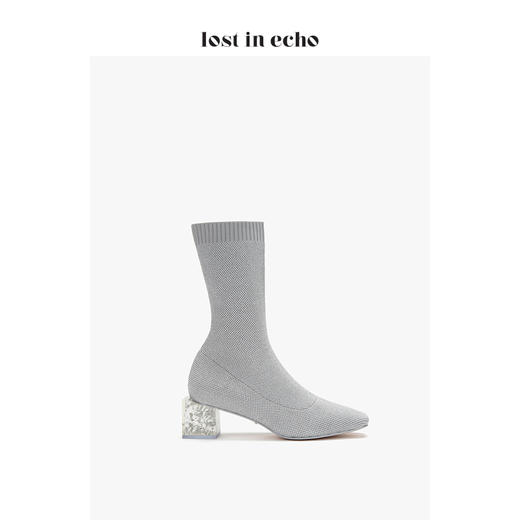 新年闪购lost in echo2019秋款上新银色方头短袜靴 高弹飞织银箔水晶方跟女靴女鞋 商品图2