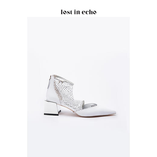 lost in echo白色牛皮时尚方跟女鞋 简约弹力烫钻网中跟单鞋 商品图2