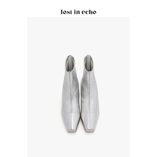 新年闪购lost in echo2020秋季方头链条跟短靴 新款银色猪鼻铁头短筒高跟女鞋 商品图3