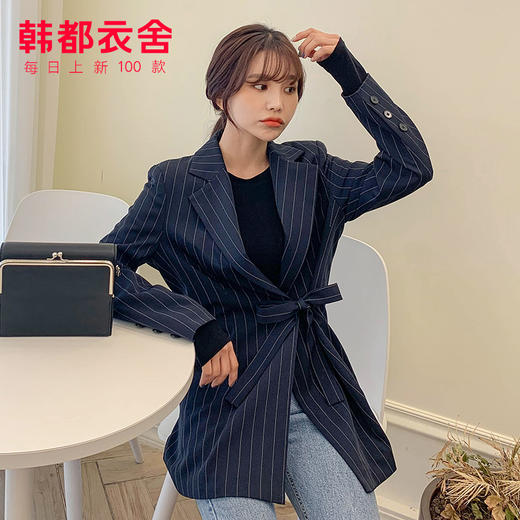 韩都衣舍2020春装新款韩版女装宽松条纹系带女士西装RJ9037樰 商品图0