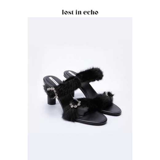 lost in echo不对称钻饰水貂毛高跟女鞋 2020黑色时尚粗跟凉鞋女 商品图1