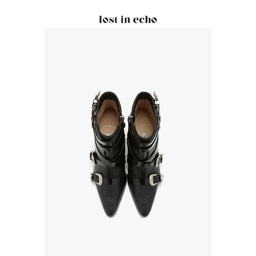 lost in echo西部金属饰扣高跟短靴女 2019秋季新款黑色尖头女鞋 商品图3