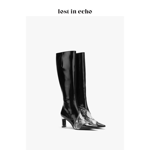 lost in echo2020秋季上新拼蛇纹皮尖头膝下女靴 黑色高跟套筒长靴 商品图1