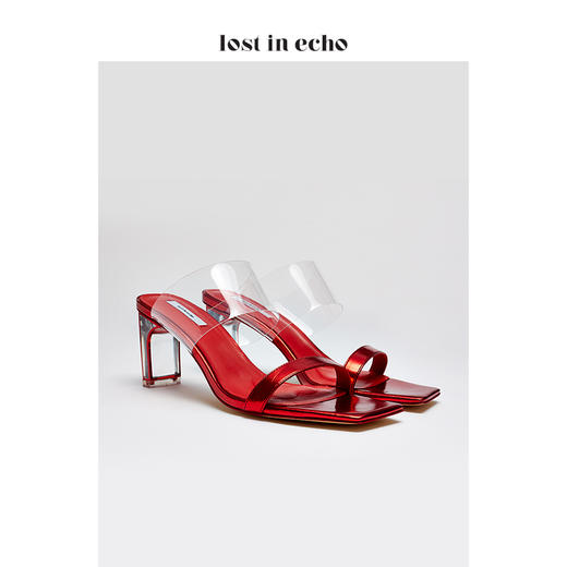 lost in echo红色时尚牛皮TPU女鞋 时尚简约透明跟一字带凉鞋 商品图1