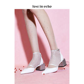 lost in echo白色牛皮时尚方跟女鞋 简约弹力烫钻网中跟单鞋