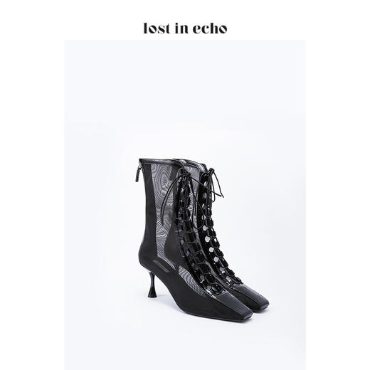 lost in echo漆皮网纱绑带短靴女 黑色时尚透明高跟鞋短靴 商品图1