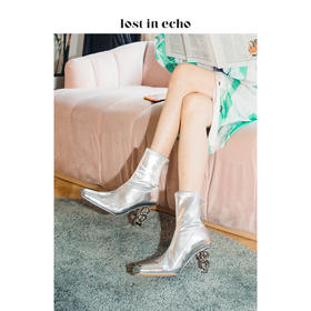 新年闪购lost in echo2020秋季方头链条跟短靴 新款银色猪鼻铁头短筒高跟女鞋