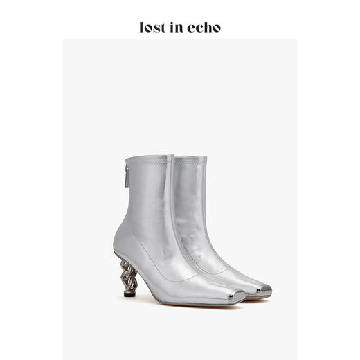新年闪购lost in echo2020秋季方头链条跟短靴 新款银色猪鼻铁头短筒高跟女鞋 商品图1