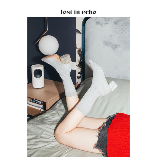 新年闪购lost in echo2019秋款上新银色方头短袜靴 高弹飞织银箔水晶方跟女靴女鞋 商品图0