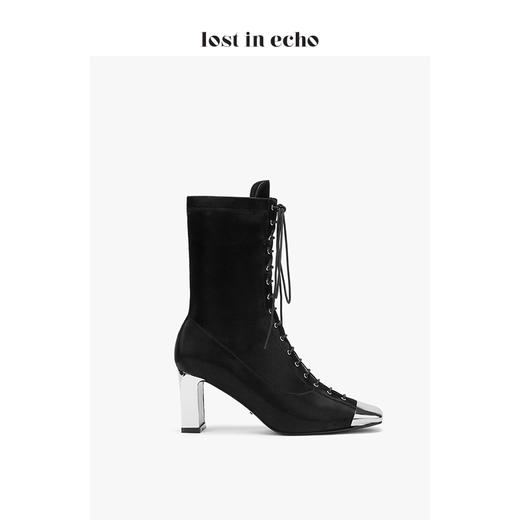 新年闪购lost in echo2020秋季黑色绑带金属方头短靴女靴 铁头方头弹力布高跟女鞋 商品图2