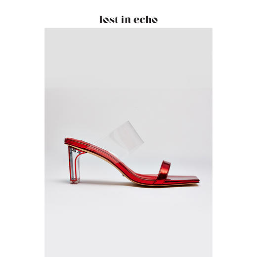 lost in echo红色时尚牛皮TPU女鞋 时尚简约透明跟一字带凉鞋 商品图2