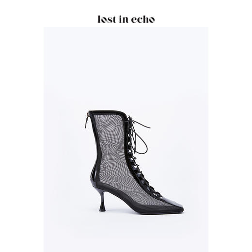 lost in echo漆皮网纱绑带短靴女 黑色时尚透明高跟鞋短靴 商品图2
