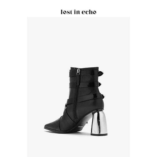 lost in echo西部金属饰扣高跟短靴女 2019秋季新款黑色尖头女鞋 商品图4