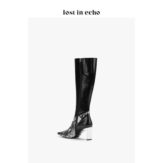 lost in echo2020秋季上新拼蛇纹皮尖头膝下女靴 黑色高跟套筒长靴 商品图4