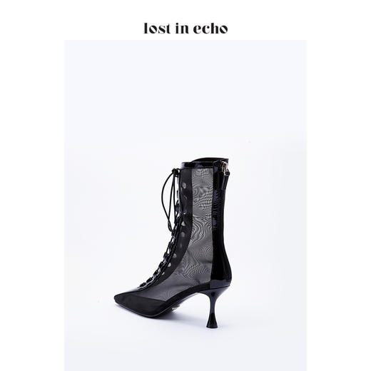 lost in echo漆皮网纱绑带短靴女 黑色时尚透明高跟鞋短靴 商品图4