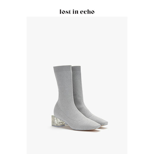 新年闪购lost in echo2019秋款上新银色方头短袜靴 高弹飞织银箔水晶方跟女靴女鞋 商品图1