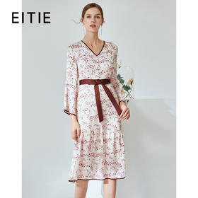 EITIE爱特爱春季新款时尚显瘦V领喇叭袖印花裙女A2007439