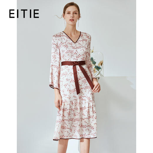 EITIE爱特爱春季新款时尚显瘦V领喇叭袖印花裙女A2007439 商品图0