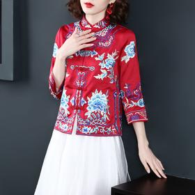 SJ-9897新款时尚新中式汉元素青花瓷式牡丹海崖纹刺绣对襟小上衣