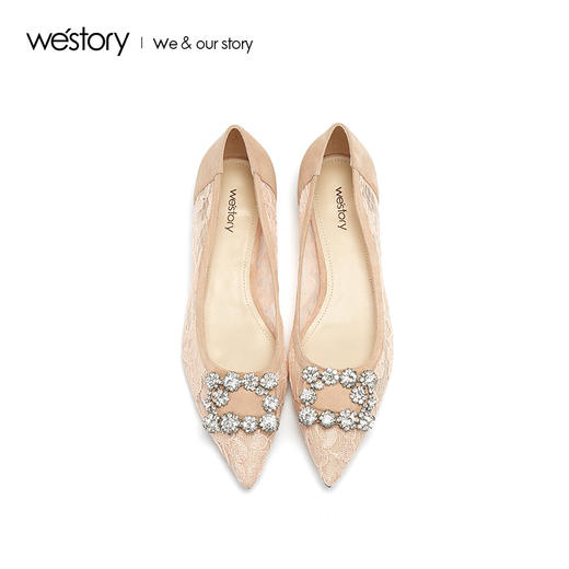 westory2019春夏镂空浅口西式婚鞋水钻方形扣平底女鞋W29AE50201 商品图2
