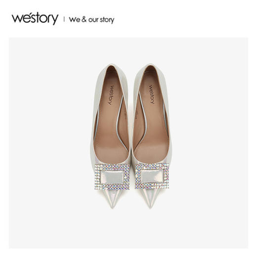 westory2020春季新品婚嫁水钻中式方扣尖头高跟鞋女W20AE51281 商品图2