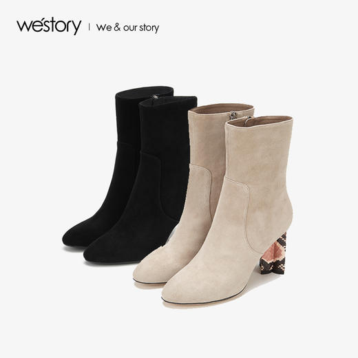 westory2019秋冬新品时尚蛇纹绒面圆头高跟靴女优雅W29DS80161 商品图3
