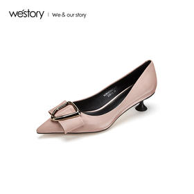 westory2019秋季新品简约几何扣尖头猫跟鞋优雅通勤W29CE70471