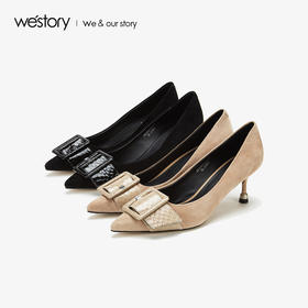 westory2019夏秋新品方扣尖头高跟鞋女蛇纹真皮优雅W29CE70241